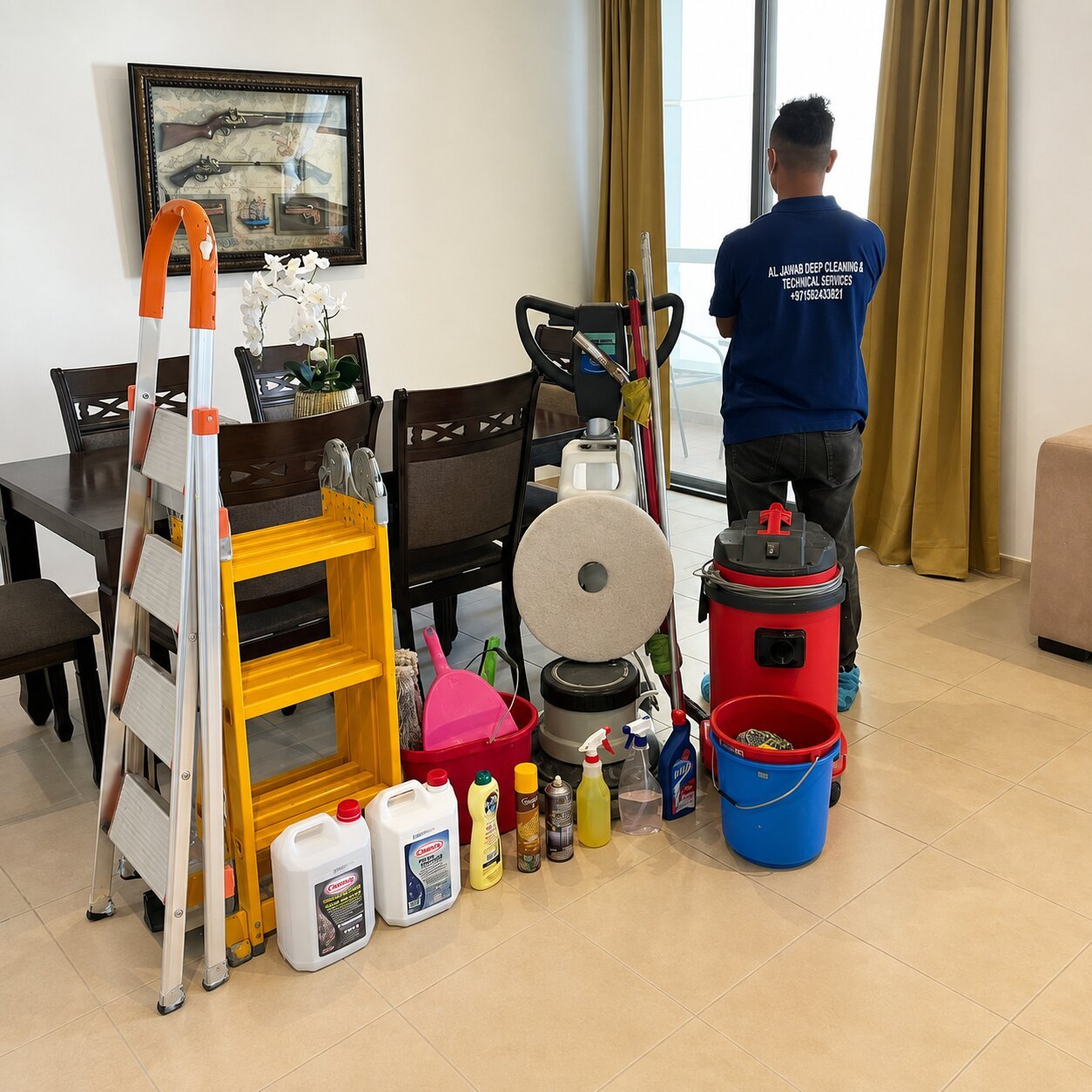Professional deep cleaning equipment and tools setup for apartment cleaning in Dubai